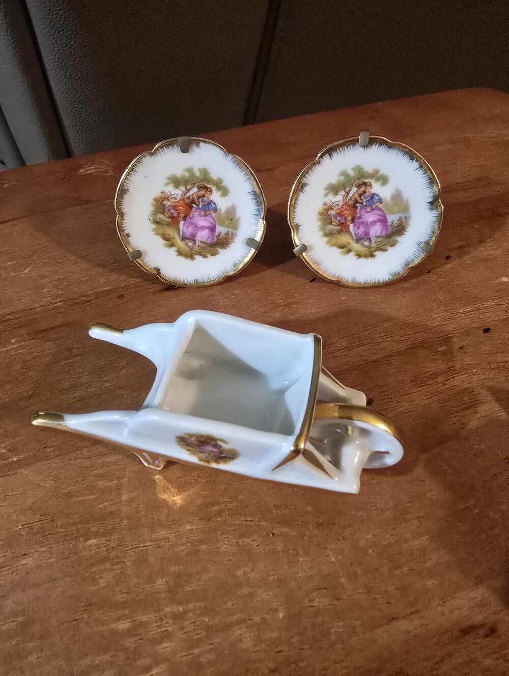 Miniature LIMOGES Porcelain Wheelbarrow And Two Decorative Plates